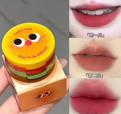 Picture of Butter Hamburger Lip Mud 3 in 1 Waterproof Velvet Red Brown Mousse Lipstick Set Cute Combo Tint Non-stick Cup Lips Makeup