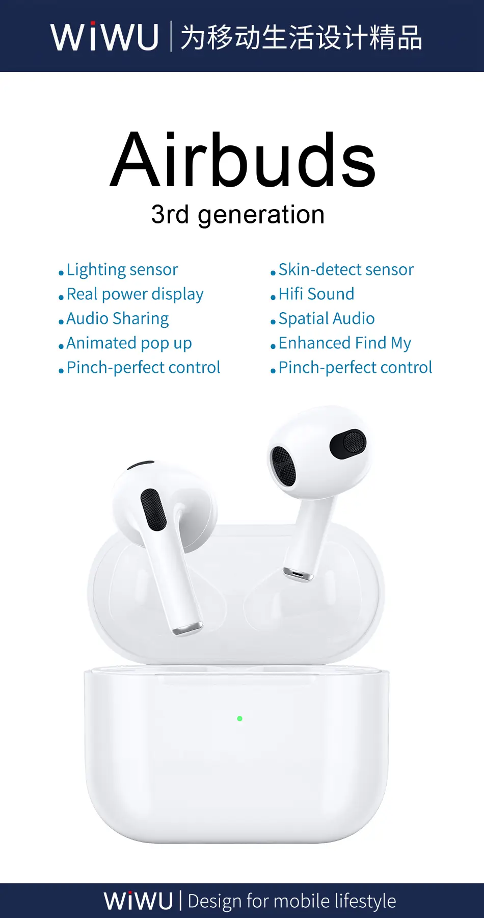 Picture of WiWU Airbuds 3 HF Sound Magsafe Charging With Silicone Case & 1M Lightning Cable - White White