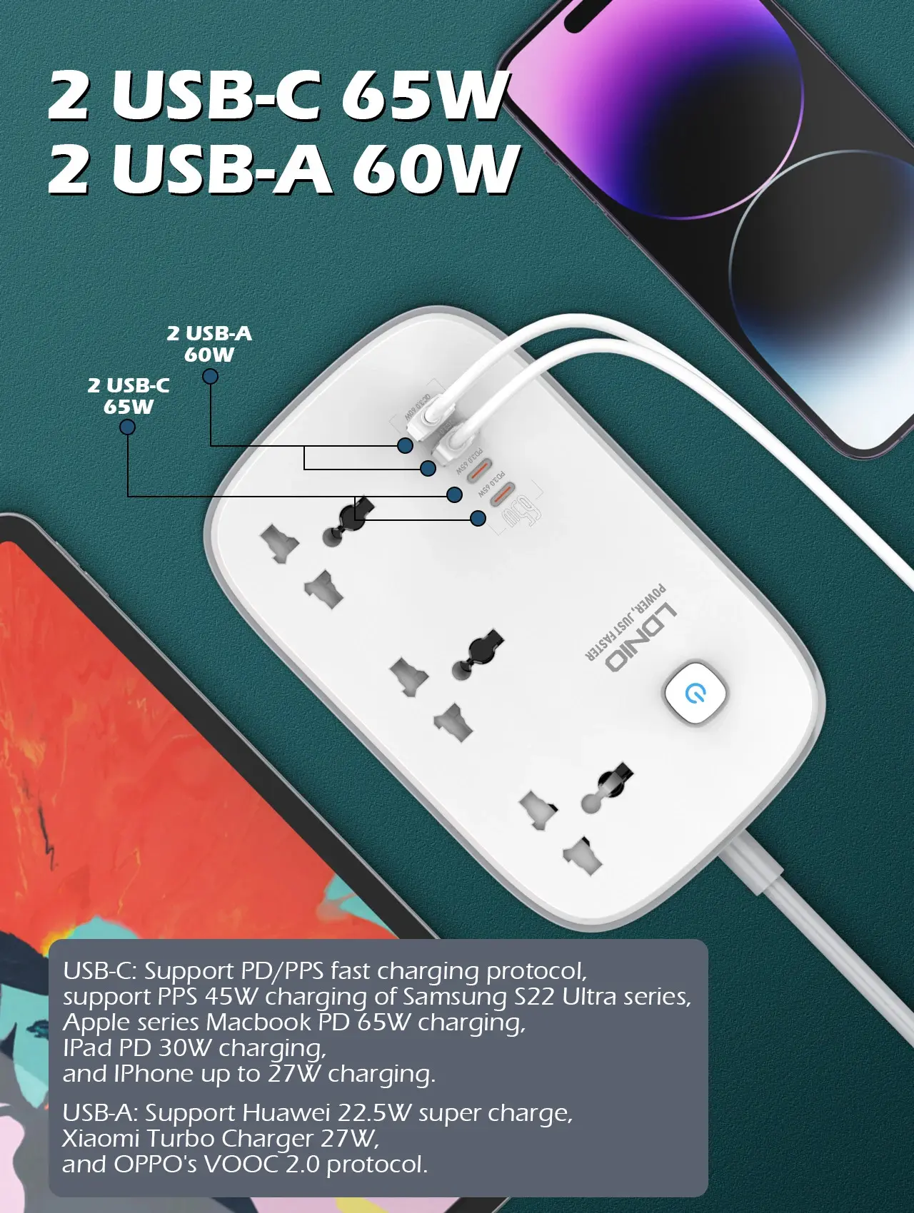 Picture of LDNIO SC3416 65W 3 Socket with 4 USB Port Power Strip 
