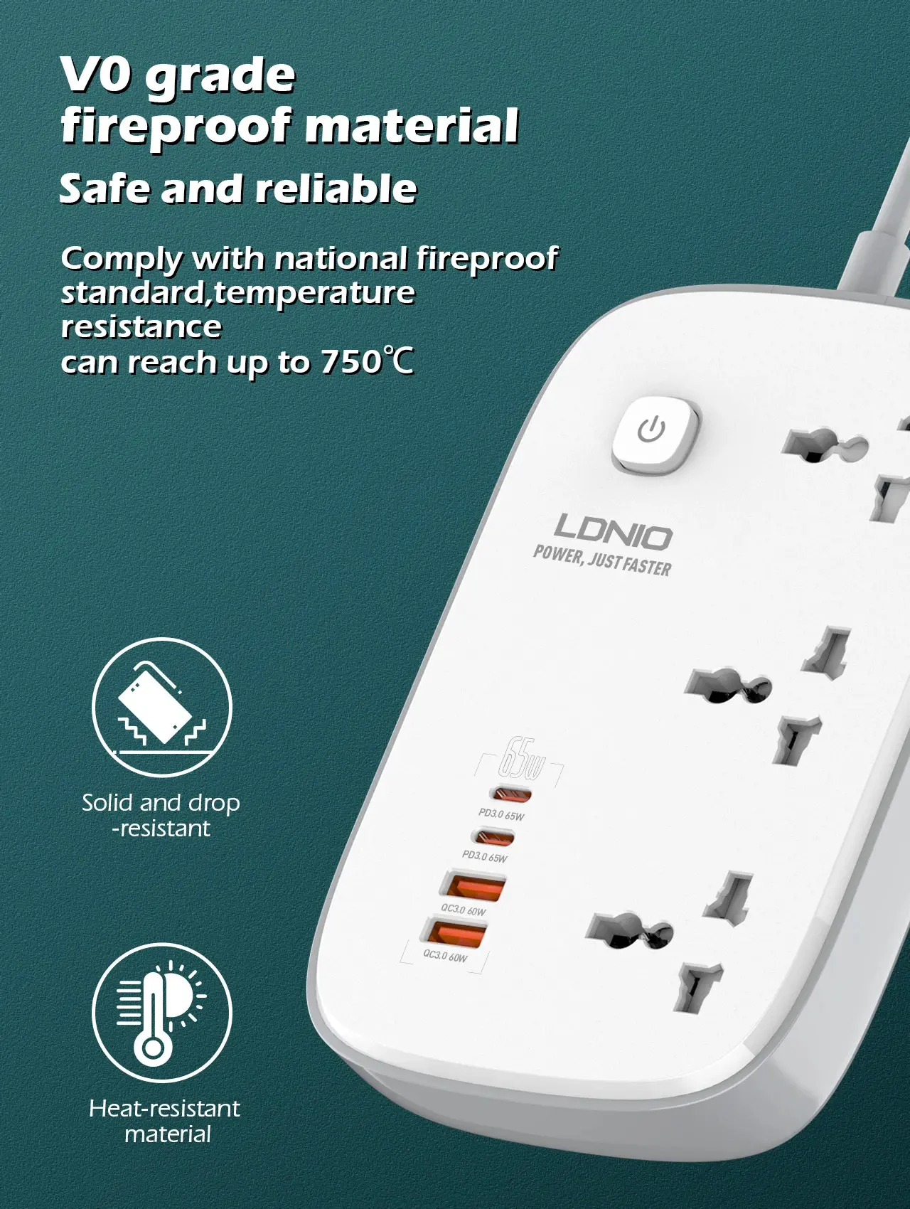 Picture of LDNIO SC3416 65W 3 Socket with 4 USB Port Power Strip 