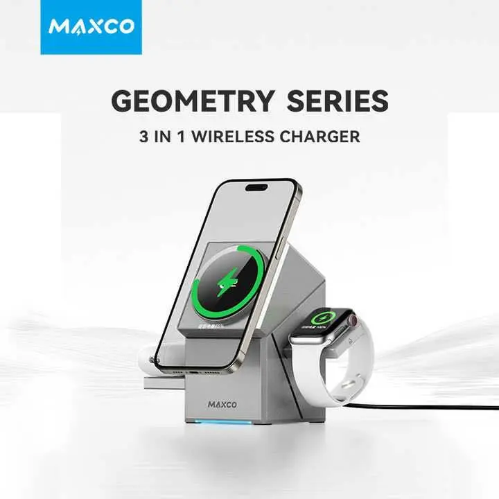Picture of Maxco Geometry Series 3 in 1 Wireless Charger 15W Qi2 Certified (MW11) Grey