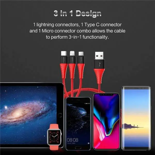 Picture of ROCK Hi-Tensile 3-in-1 Fast Charging Cable 1.2m Durable Black