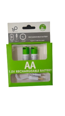 Picture of AA USB Rechargeable Battery 1.5V 2600mWh - li-ion 2 Pcs Set for remote control mouse small fan Electric toy battery + Cable - Multicolor