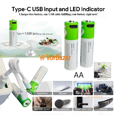 Picture of AA USB Rechargeable Battery 1.5V 2600mWh - li-ion 2 Pcs Set for remote control mouse small fan Electric toy battery + Cable - Multicolor