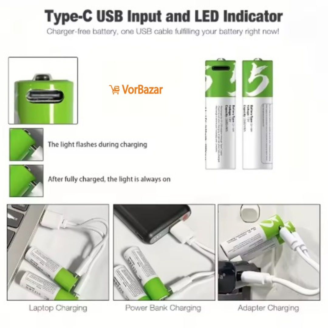 Picture of AA USB Rechargeable Battery 1.5V 2600mWh - li-ion 2 Pcs Set for remote control mouse small fan Electric toy battery + Cable - Multicolor