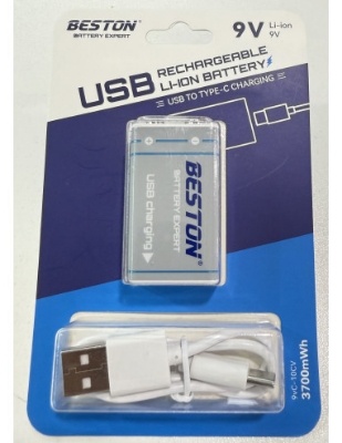 Picture of 9V Battery Rechargeable USB Beston lithium-ion with Type-C charging port 3700mWh - White