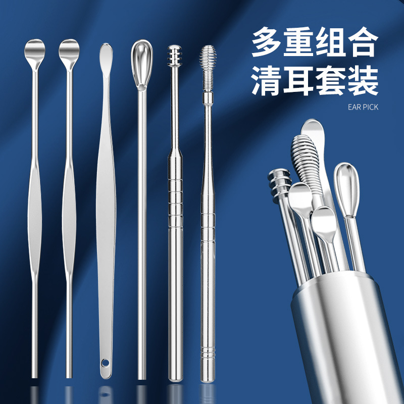 Picture of 6 Pcs Ear Wax Removal Tool Portable Stainless Steel Earwax Remover Cleaner Kit Earpick Spring Ear Wax Spoon Cleaning Set