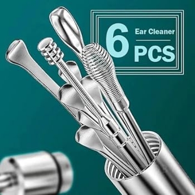 Picture of 6 Pcs Ear Wax Removal Tool Portable Stainless Steel Earwax Remover Cleaner Kit Earpick Spring Ear Wax Spoon Cleaning Set