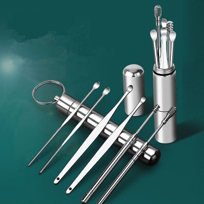 Picture of 6 Pcs Ear Wax Removal Tool Portable Stainless Steel Earwax Remover Cleaner Kit Earpick Spring Ear Wax Spoon Cleaning Set