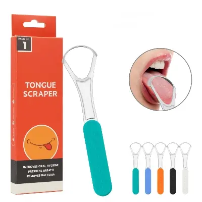 Picture of Double Layer Tongue Cleaner Tongue Scraper Reusable Stainless Steel Oral Mouth Brush Travel Case Gold Silver Non-slip Handle