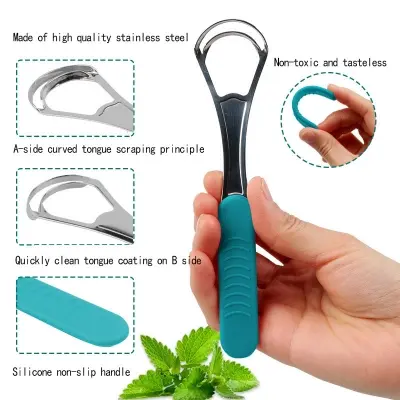 Picture of Double Layer Tongue Cleaner Tongue Scraper Reusable Stainless Steel Oral Mouth Brush Travel Case Gold Silver Non-slip Handle