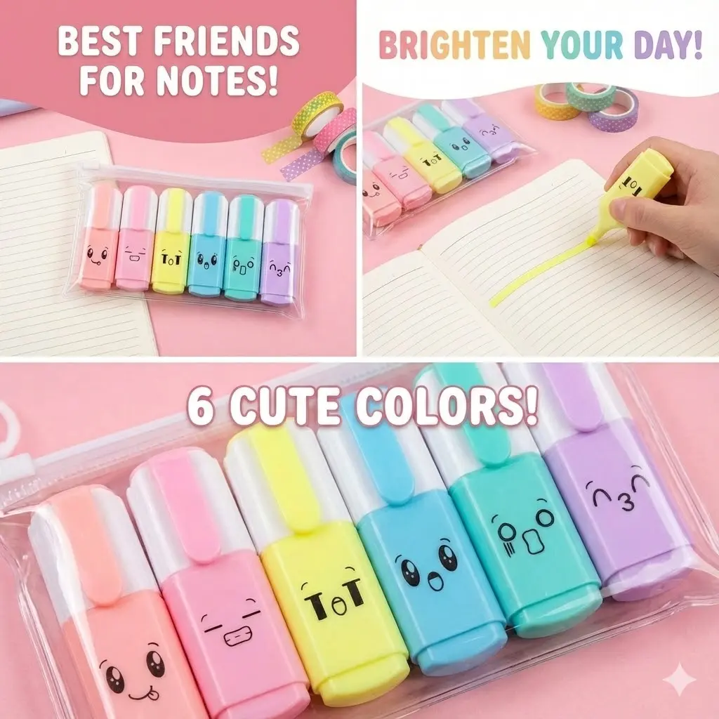 Picture of Mini Capsule Highlighters (Set of 6) - Cute Vitamin Pill Shaped Emoji Marker Pens for School & Kids Gift