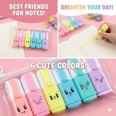 Picture of Mini Capsule Highlighters (Set of 6) - Cute Vitamin Pill Shaped Emoji Marker Pens for School & Kids Gift