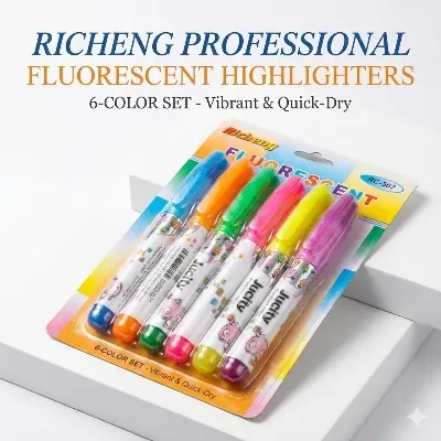 Picture of Richeng RC-307 Mini Fluorescent Markers (Set of 6) - Jucity Capsule Highlighters - Quick Dry & Clean
