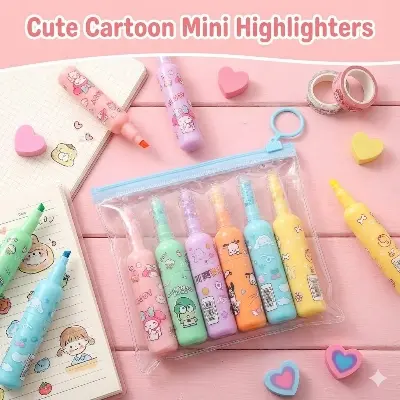 Picture of Mini Bottle Highlighters (Set of 6) - Cute Milk Bottle Shaped Marker Pens with Zipper Pouch (Kuromi Theme)