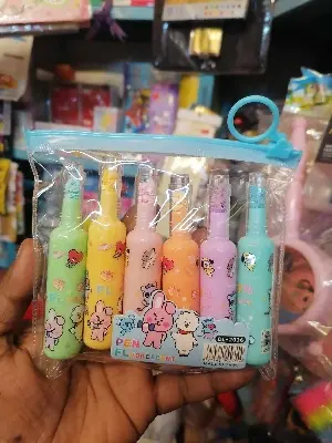 Picture of Mini Bottle Highlighters (Set of 6) - Cute Milk Bottle Shaped Marker Pens with Zipper Pouch (Kuromi Theme)
