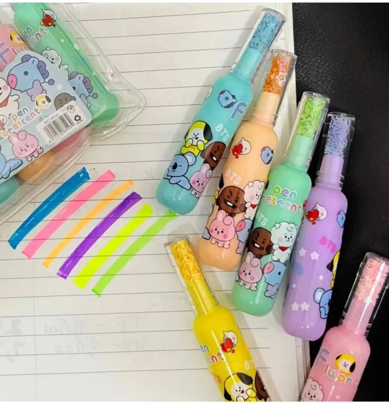 Picture of Mini Bottle Highlighters (Set of 6) - Cute Milk Bottle Shaped Marker Pens with Zipper Pouch (Kuromi Theme)