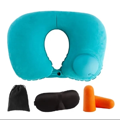 Picture of 04 Pcs/set Soft Auto Inflatable Travel Neck Pillow Folding U-Shaped headrest + Eye Masks + Ear buds + Pouch Bag Foldable Soft Travel Pillow Massage for Sleeping Airplane Car