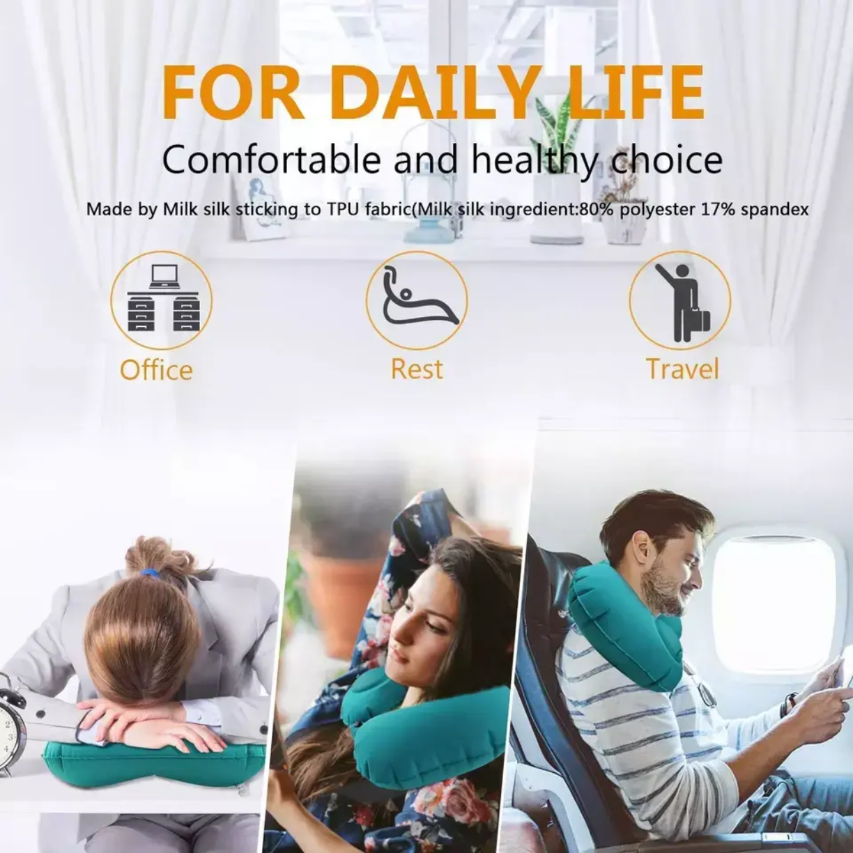 Picture of 04 Pcs/set Soft Auto Inflatable Travel Neck Pillow Folding U-Shaped headrest + Eye Masks + Ear buds + Pouch Bag Foldable Soft Travel Pillow Massage for Sleeping Airplane Car