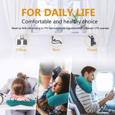 Picture of 04 Pcs/set Soft Auto Inflatable Travel Neck Pillow Folding U-Shaped headrest + Eye Masks + Ear buds + Pouch Bag Foldable Soft Travel Pillow Massage for Sleeping Airplane Car