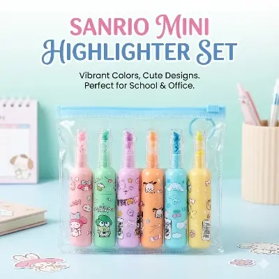 Picture of Mini Bottle Highlighters (Set of 6) - Cute Milk Bottle Shaped Marker Pens with Zipper Pouch (Kuromi Theme)