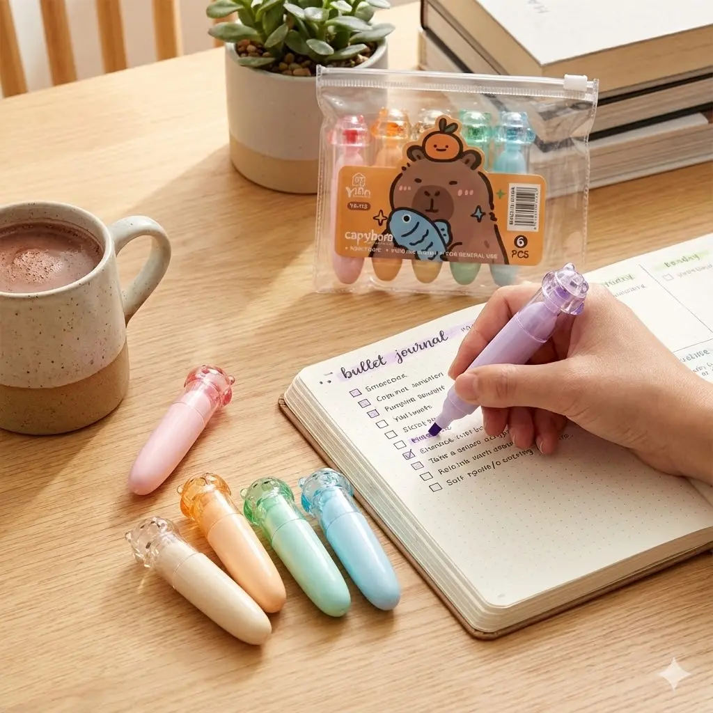 Picture of apybara Mini Highlighters (Set of 6) - Cute Kawaii Capsule Marker Pens for School, Journaling & Gift