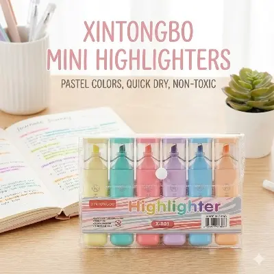 Picture of Xintongbo Mini Highlighters (Model X-801) - Set of 6 Fluorescent Capsule Marker Pens - Non-Toxic & Quick Dry