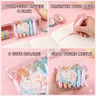 Picture of Cat Paw Mini Highlighters (Set of 6) - Cute Capsule Shaped Marker Pens with Chisel Tip for School & Journaling