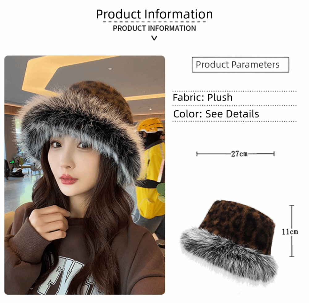 Picture of Autumn Winter Women's Plush Thickened Warm Bucket Hat Fashionable Versatile Beanie with Leopard Print Ear Protection