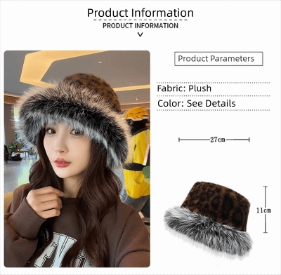 Picture of Autumn Winter Women's Plush Thickened Warm Bucket Hat Fashionable Versatile Beanie with Leopard Print Ear Protection