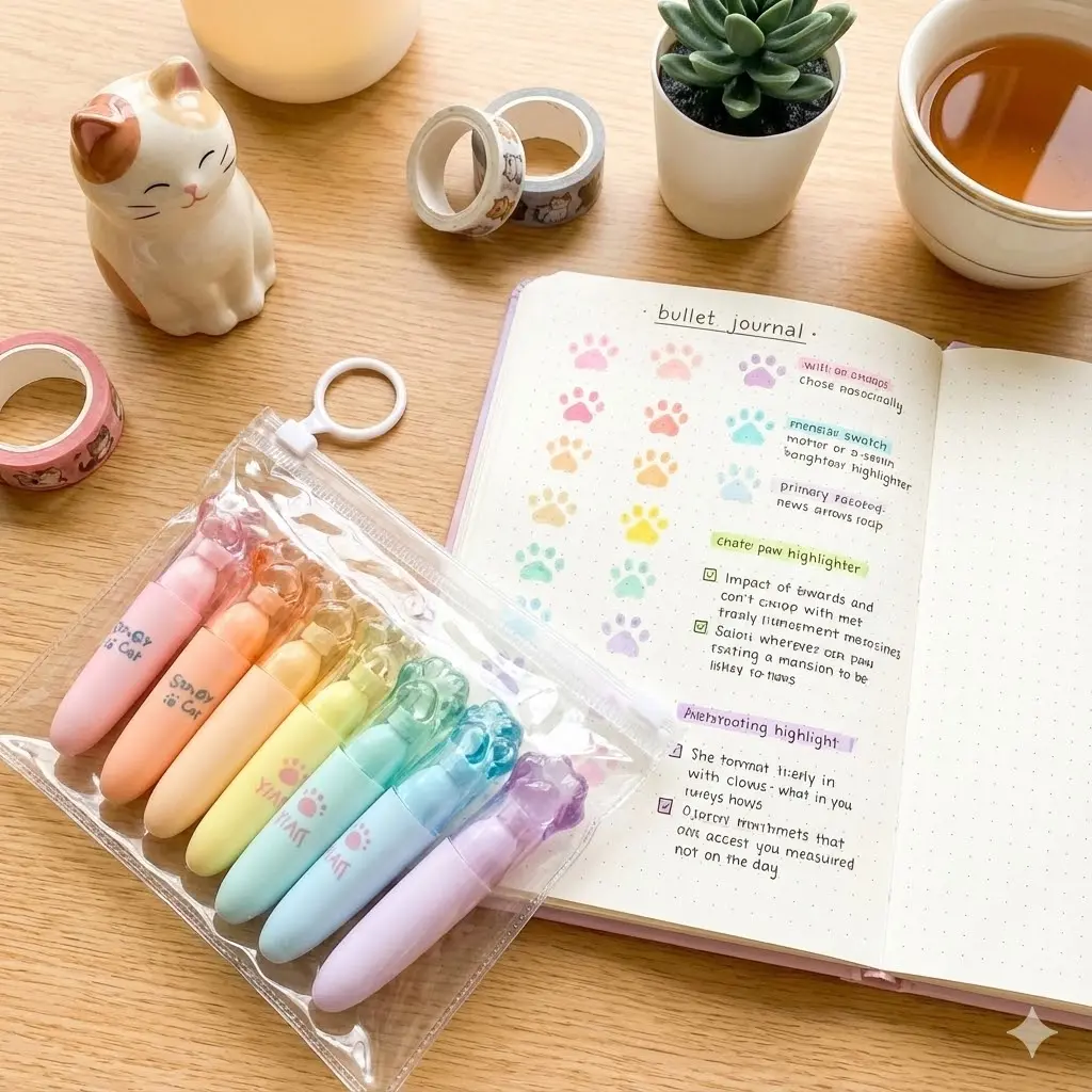 Picture of Cat Paw Mini Highlighters (Set of 6) - Cute Capsule Shaped Marker Pens with Chisel Tip for School & Journaling