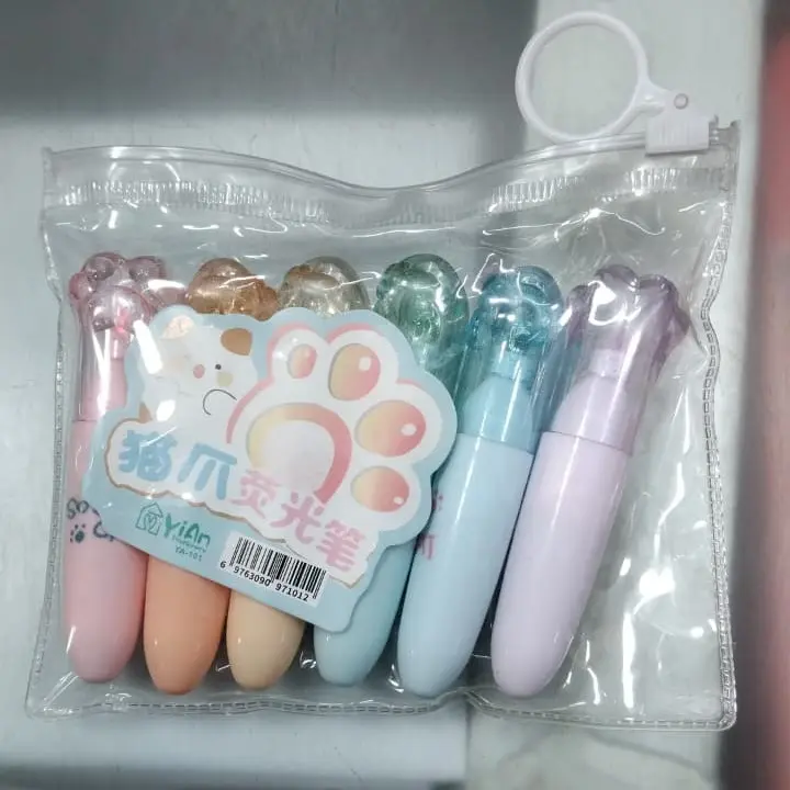 Picture of Cat Paw Mini Highlighters (Set of 6) - Cute Capsule Shaped Marker Pens with Chisel Tip for School & Journaling