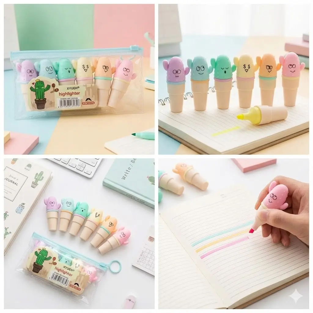 Picture of XYUEH Cactus Mini Highlighters (Set of 6) - Model XYH-3175 - Cute Capsule Marker Pens for School & Journaling