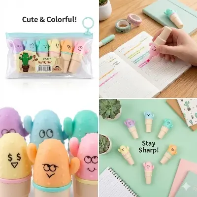 Picture of XYUEH Cactus Mini Highlighters (Set of 6) - Model XYH-3175 - Cute Capsule Marker Pens for School & Journaling