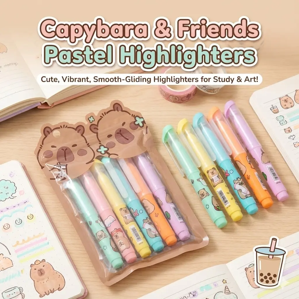 Picture of Mini Bear Highlighters (Set of 6) - Cute Capsule Shaped Marker Pens with Bubble Tea Theme for School & Journaling