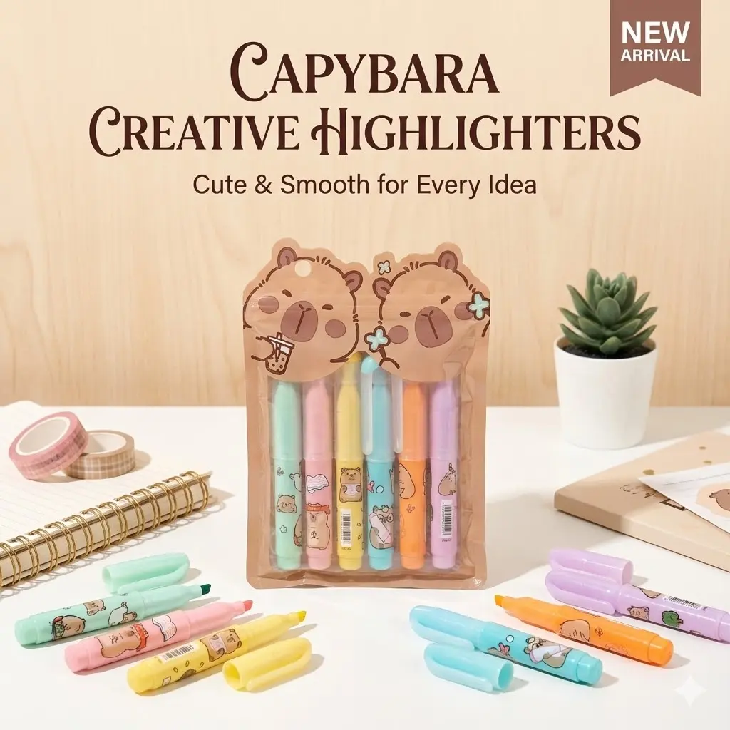 Picture of Mini Bear Highlighters (Set of 6) - Cute Capsule Shaped Marker Pens with Bubble Tea Theme for School & Journaling