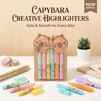 Picture of Mini Bear Highlighters (Set of 6) - Cute Capsule Shaped Marker Pens with Bubble Tea Theme for School & Journaling