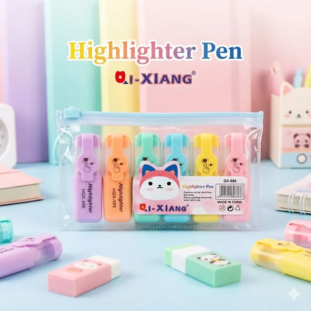 Picture of QI-XIANG Mini Highlighters (Model QX-886) - Set of 6 Cute Cat Paw & Emoji Face Marker Pens for School