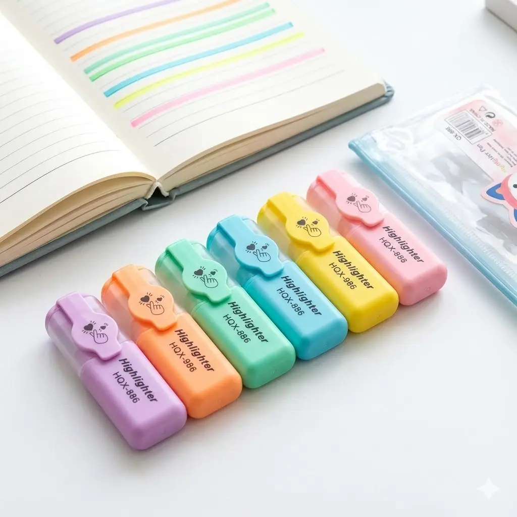 Picture of QI-XIANG Mini Highlighters (Model QX-886) - Set of 6 Cute Cat Paw & Emoji Face Marker Pens for School