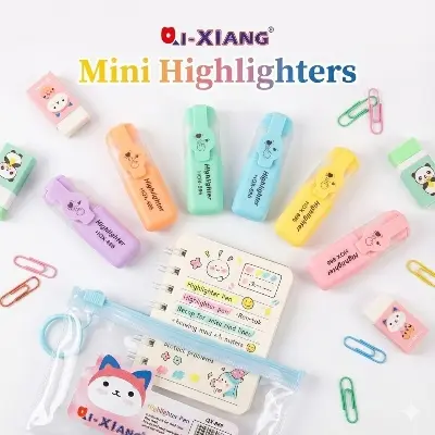 Picture of QI-XIANG Mini Highlighters (Model QX-886) - Set of 6 Cute Cat Paw & Emoji Face Marker Pens for School
