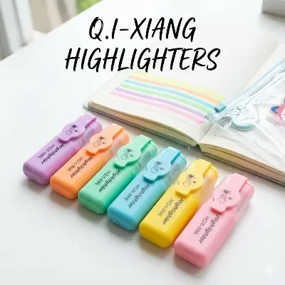 Picture of QI-XIANG Mini Highlighters (Model QX-886) - Set of 6 Cute Cat Paw & Emoji Face Marker Pens for School