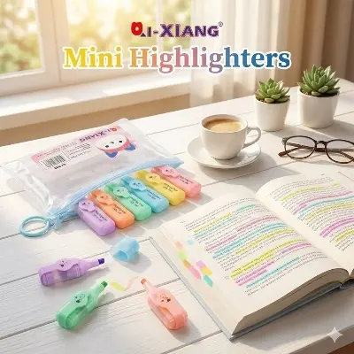 Picture of QI-XIANG Mini Highlighters (Model QX-886) - Set of 6 Cute Cat Paw & Emoji Face Marker Pens for School