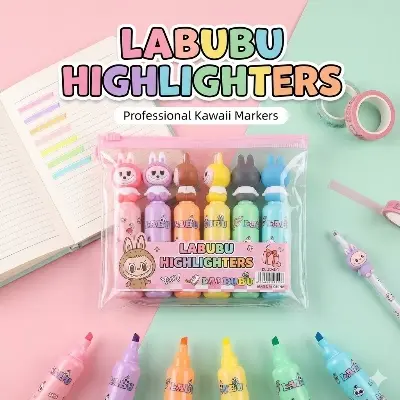 Picture of Labubu Cartoon Highlighters (Set of 6) - Cute Bottle Shaped Pastel Marker Pens for Kawaii Stationery Lovers
