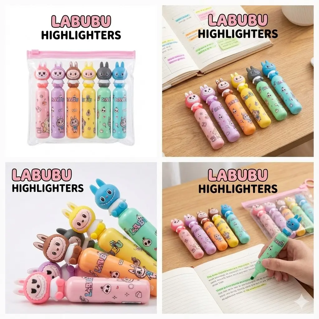 Picture of Labubu Cartoon Highlighters (Set of 6) - Cute Bottle Shaped Pastel Marker Pens for Kawaii Stationery Lovers