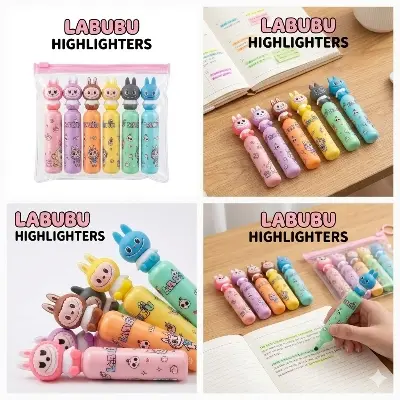 Picture of Labubu Cartoon Highlighters (Set of 6) - Cute Bottle Shaped Pastel Marker Pens for Kawaii Stationery Lovers