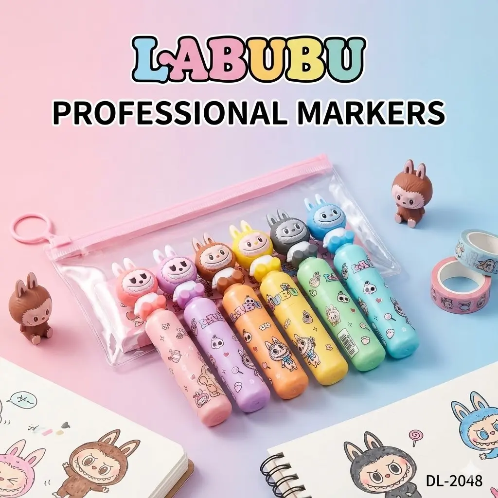 Picture of Labubu Cartoon Highlighters (Set of 6) - Cute Bottle Shaped Pastel Marker Pens for Kawaii Stationery Lovers