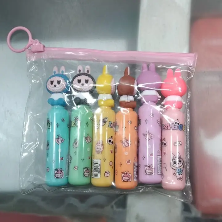 Picture of Labubu Cartoon Highlighters (Set of 6) - Cute Bottle Shaped Pastel Marker Pens for Kawaii Stationery Lovers