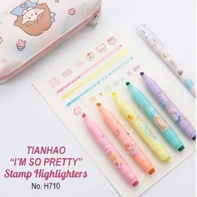 Picture of Tianhao Dual-Tip Stamp Highlighters (Model H710) - Set of 6 Pastel Marker Pens with Cute Seals - 'I'm So Pretty' Series