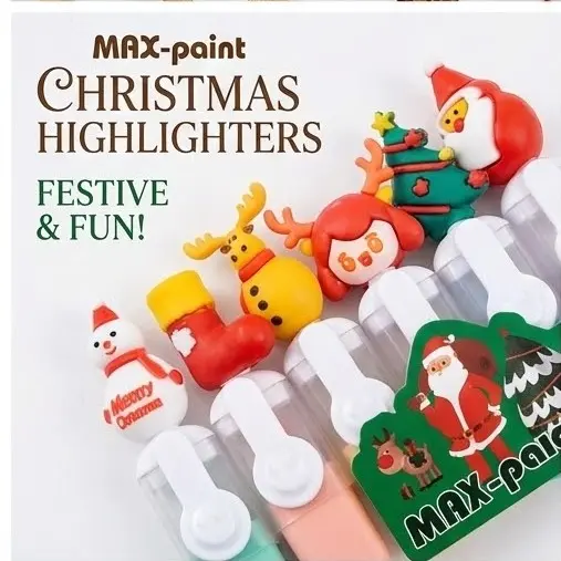 Picture of Christmas Theme Mini Highlighters (Set of 6) - Santa & Snowman Topper Marker Pens in Zipper Pouch for Kids Gift