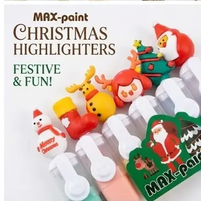Picture of Christmas Theme Mini Highlighters (Set of 6) - Santa & Snowman Topper Marker Pens in Zipper Pouch for Kids Gift